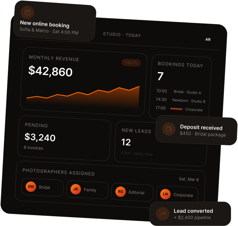Lenstudio studio dashboard with booking and payment notifications
