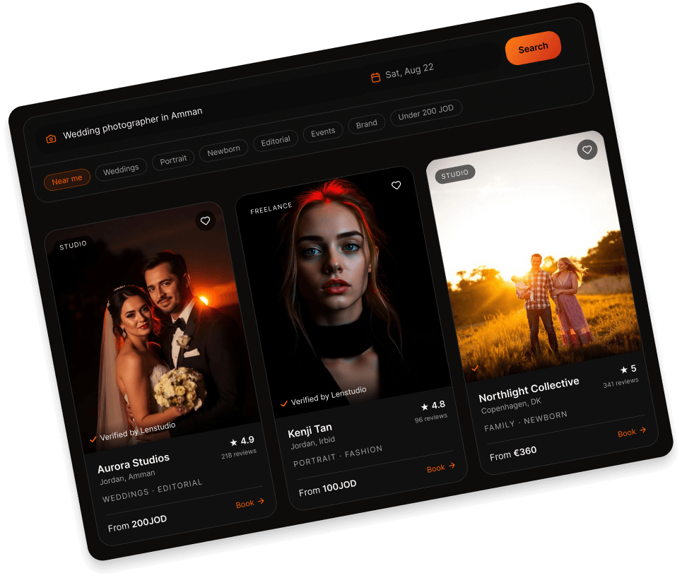 Lens Studio marketplace showing photography studios and freelance photographers